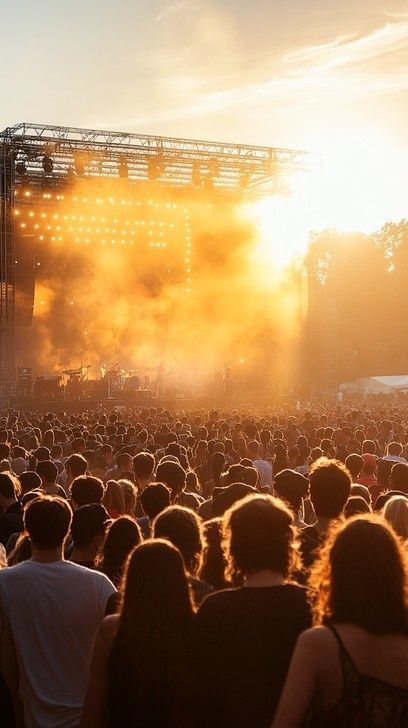 Festivalpublik framför en upplyst scen i kvällssolen